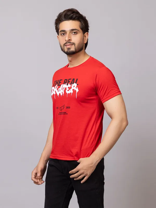 XENIOS_Printed_Men_Round_Neck_Red_T-Shirt