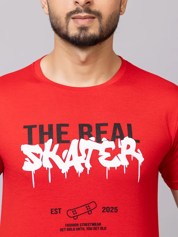 XENIOS_Printed_Men_Round_Neck_Red_T-Shirt