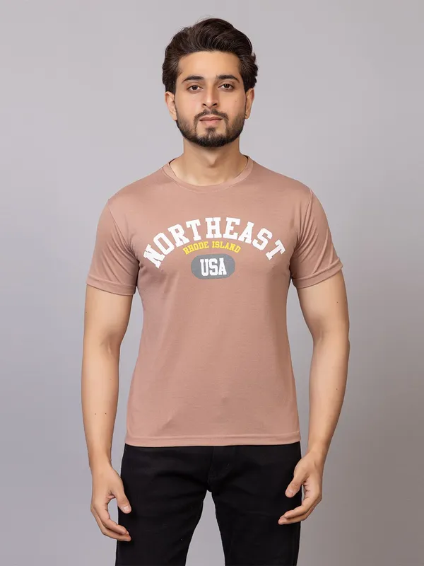 XENIOS_Printed_Men_Round_Neck_Beige_T-Shirt