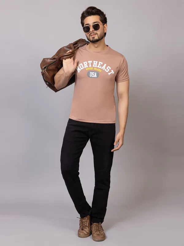 XENIOS_Printed_Men_Round_Neck_Beige_T-Shirt