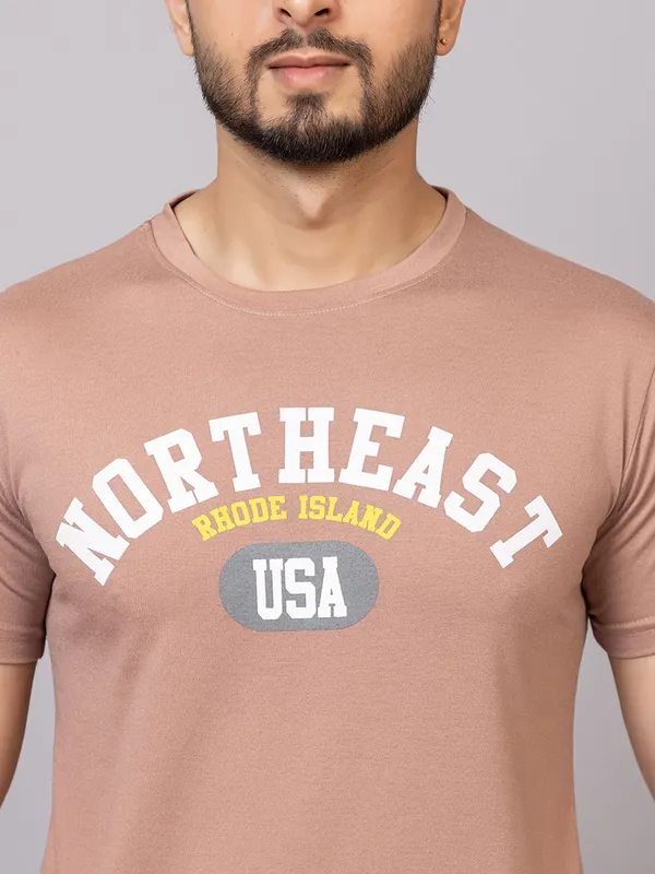 XENIOS_Printed_Men_Round_Neck_Beige_T-Shirt