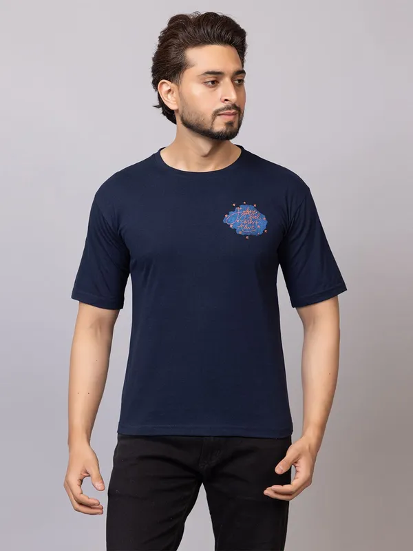 XENIOS_Printed_Men_Round_Neck_Dark_Blue_T-Shirt