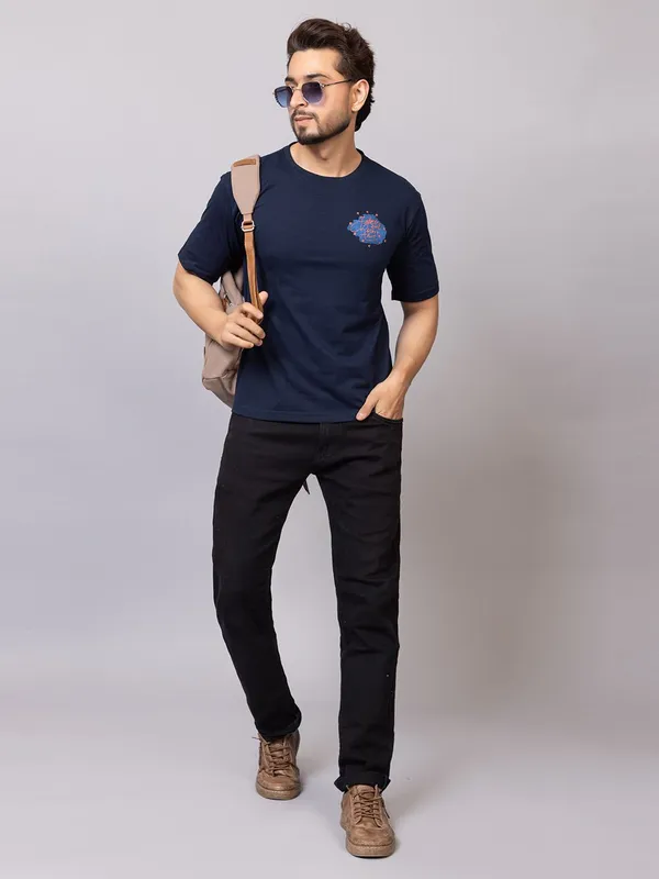XENIOS_Printed_Men_Round_Neck_Dark_Blue_T-Shirt
