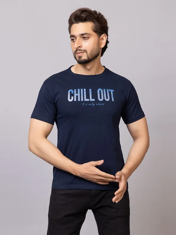 XENIOS_Printed_Men_Round_Neck_Dark_Blue_T-Shirt
