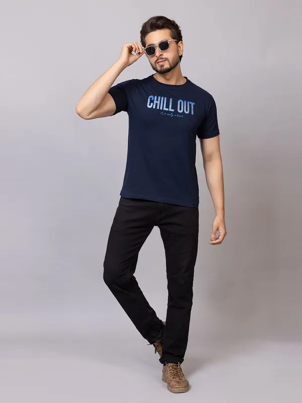 XENIOS_Printed_Men_Round_Neck_Dark_Blue_T-Shirt