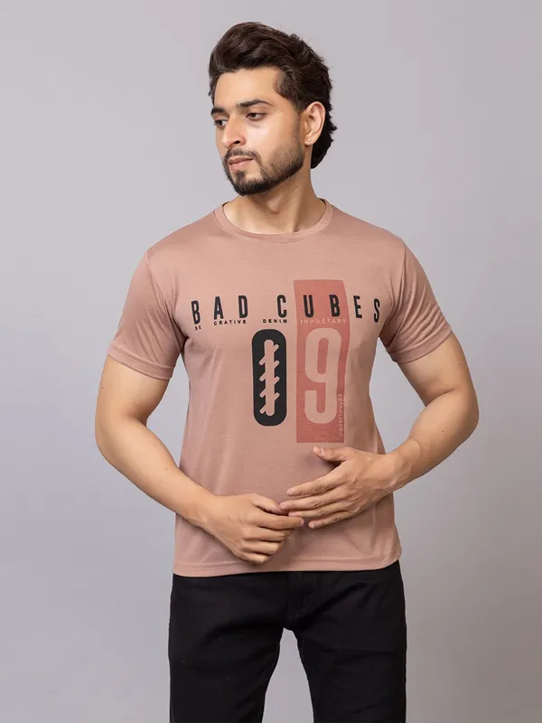 XENIOS_Printed_Men_Round_Neck_Brown_T-Shirt