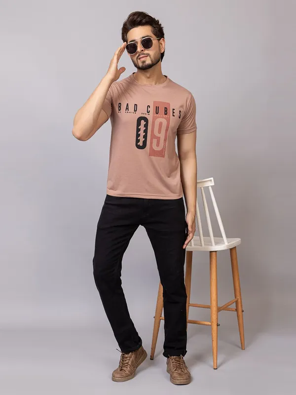 XENIOS_Printed_Men_Round_Neck_Brown_T-Shirt
