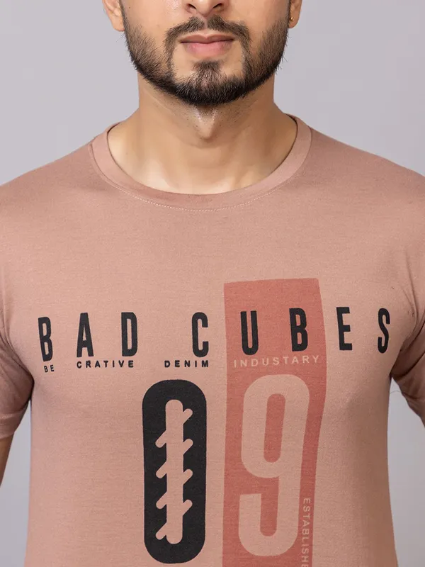 XENIOS_Printed_Men_Round_Neck_Brown_T-Shirt