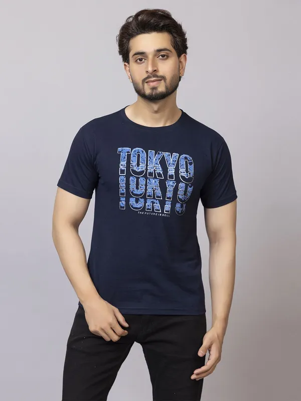 XENIOS_Printed_Men_Round_Neck_Navy_Blue_T-Shirt