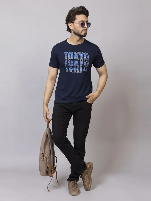 XENIOS_Printed_Men_Round_Neck_Navy_Blue_T-Shirt