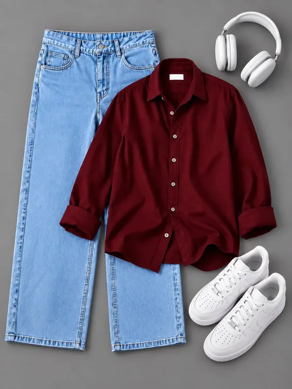 Combo:-_Maroon_Polo_Slim_Fit_Button_Down_Shirt_&_sky_Blue_Jeans_Mom_Fit_For_Men