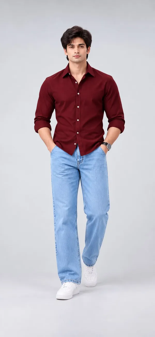 Combo:-_Maroon_Polo_Slim_Fit_Button_Down_Shirt_&_sky_Blue_Jeans_Mom_Fit_For_Men