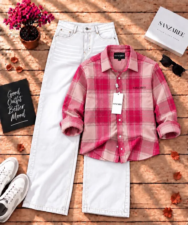 Combo_set_pink_Check_Shirt_With_Denim_Jeans_(White/blue/Black)