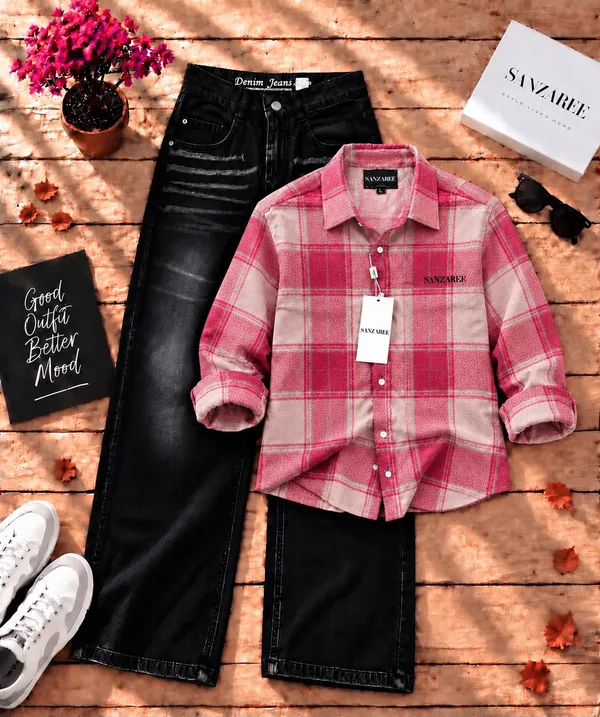 Combo_set_pink_Check_Shirt_With_Denim_Jeans_(White/blue/Black)
