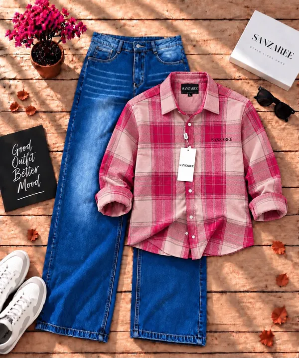 Combo_set_pink_Check_Shirt_With_Denim_Jeans_(White/blue/Black)