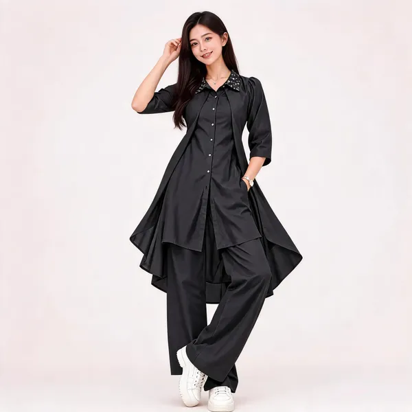 Black_Relaxed_Fit_Tunic_Pant_Set_For_Women