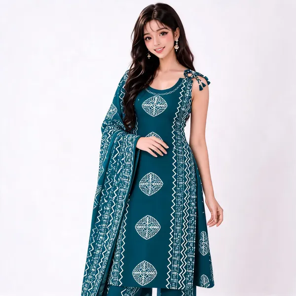 Teal_Printed_Sleeveless_Kurta_Set_For_Women