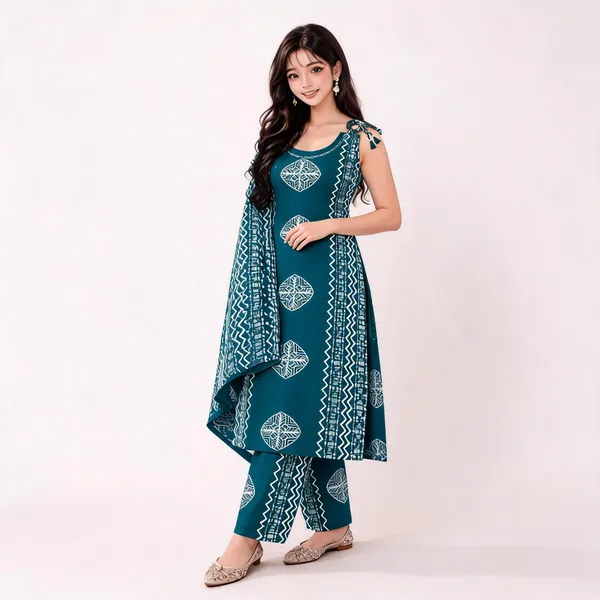 Teal_Printed_Sleeveless_Kurta_Set_For_Women