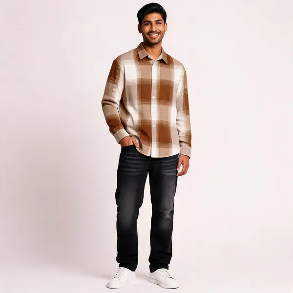 Boxy_Fit_Brown_Check__Shirt_And_Black_Denim_Wash_Jeans_Set_For_Men