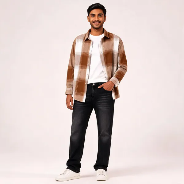 Boxy_Fit_Brown_Check__Shirt_And_Black_Denim_Wash_Jeans_Set_For_Men