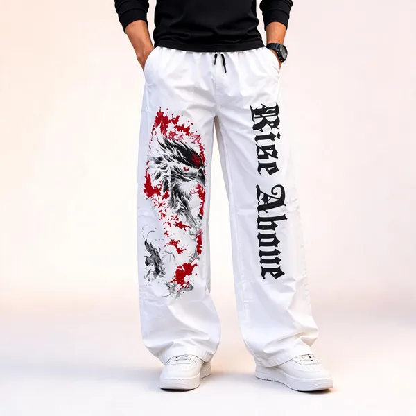 White_Graphic_Loose_Fit_Jogger_Pants_For_Men