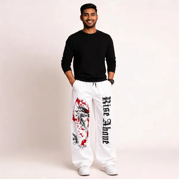 White_Graphic_Loose_Fit_Jogger_Pants_For_Men