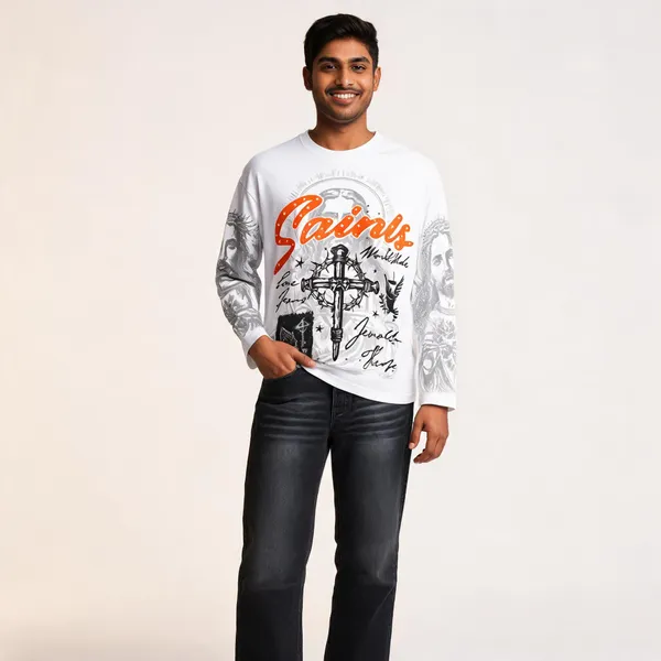 White_Graphic_Print_Long_Sleeve_T-Shirt_And_Jeans_Set_For_Boys