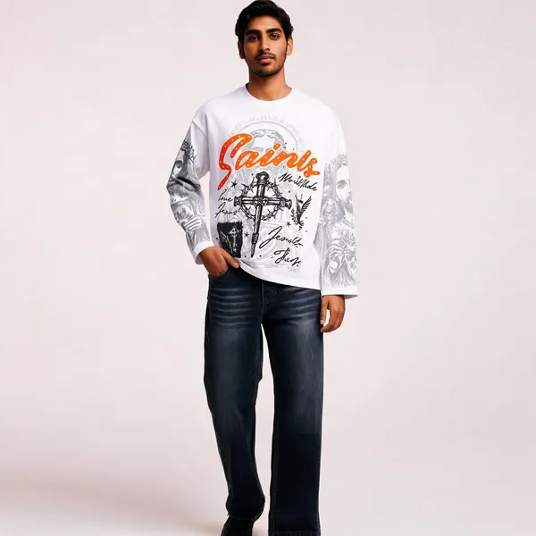 White_Graphic_Print_Long_Sleeve_T-Shirt_And_Jeans_Set_For_Boys