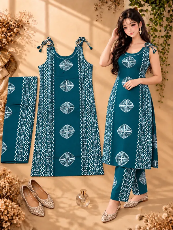 Teal_Printed_Sleeveless_Kurta_Set_for_Women