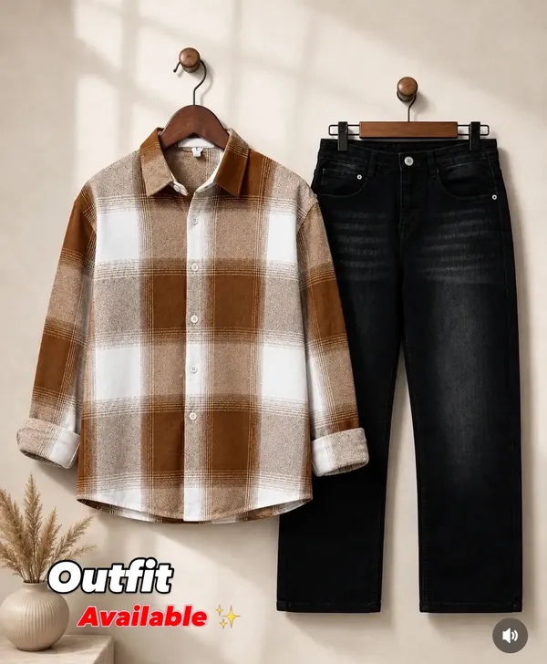 Boxy_fit_Brown_check__Shirt_And_Black_Denim_wash_Jeans_Set_for_Men