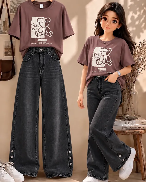 Brown_Graphic_T-Shirt_And_Black_Wide-Leg_Jeans_Set_for_Women