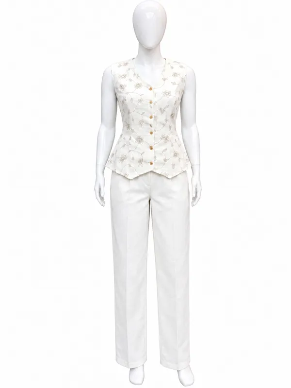 White_Sleeveless_Button_Front_Suit_Set_for_Women