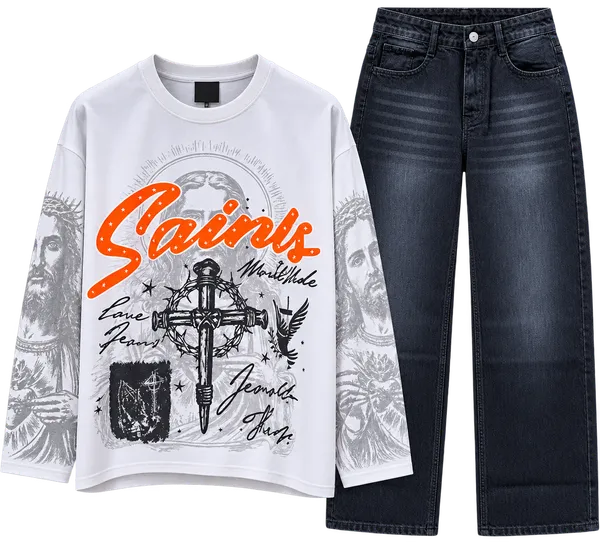 White_Graphic_Print_Long_Sleeve_T-Shirt_And_Jeans_Set_for_Boys