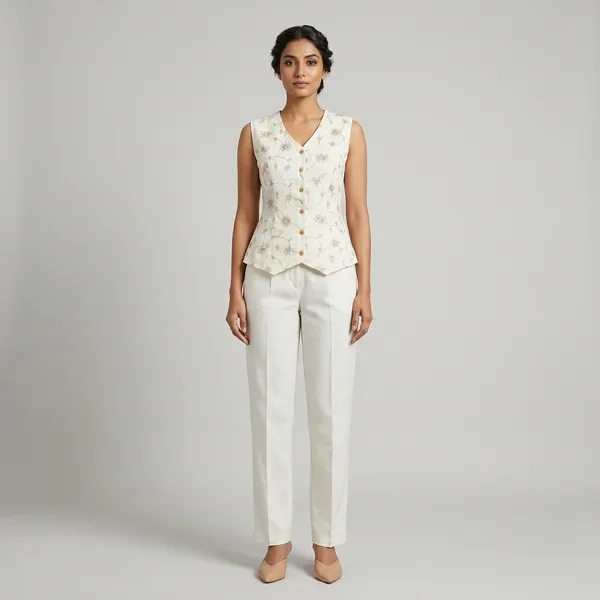 White_Sleeveless_Button_Front_Suit_Set_For_Women