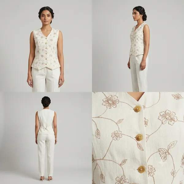 White_Sleeveless_Button_Front_Suit_Set_For_Women
