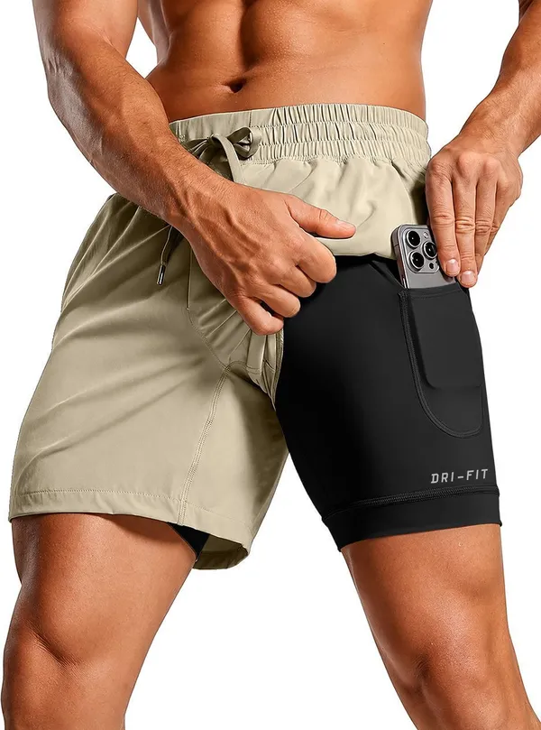 Pravaha_Beige_Lycra_2_In_1_Dual_Layer_Gym_Shorts_For_Men