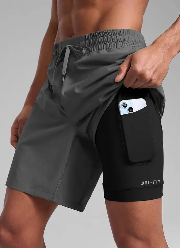 Pravaha_Dark_Grey_Lycra_Dual_Layer_Dry_Fit_Gym_Shorts_For_Men