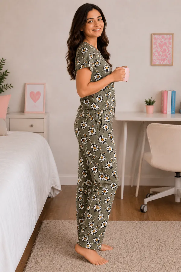 Olive_Floral_Print_Relaxed_Fit_Pajama_Set_For_Women