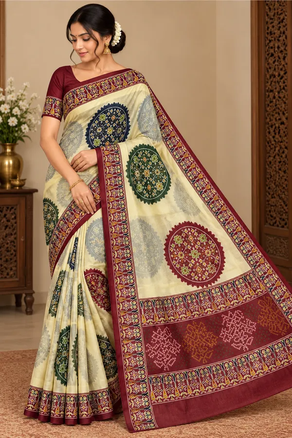 Maroon,_Cream_Saree_Velvet_For_women