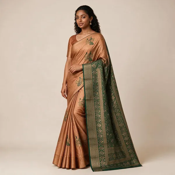 Peach_with_Dark_Green_Border_Saree_Silk_For_women