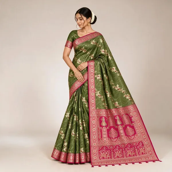 Green_with_Magenta_Saree_Silk_For_women