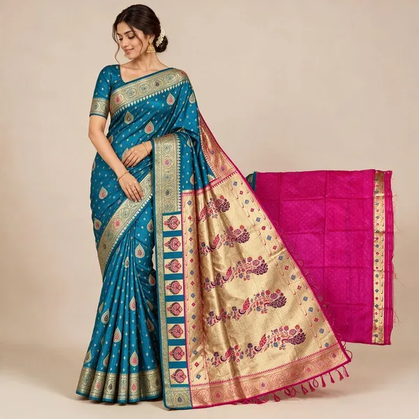 Pink_and_Blue_Saree_Silk_For_women