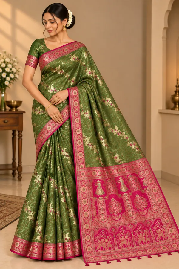 Green_with_Magenta_Saree_Silk_For_women