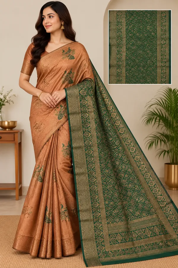 Peach_with_Dark_Green_Border_Saree_Silk_For_women