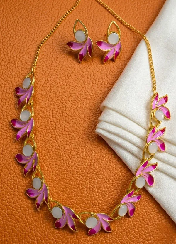 Pink_Gold_Tone_Floral_Necklace_And_Earrings_Set_for_Women