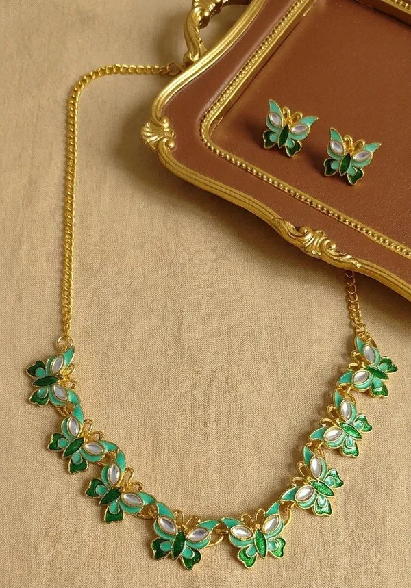 Green_Enamel_Butterfly_Necklace_And_Earrings_Set_for_Women