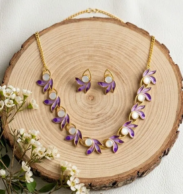 Purple_Gold_Tone_Floral_Necklace_And_Earrings_Set_for_Women