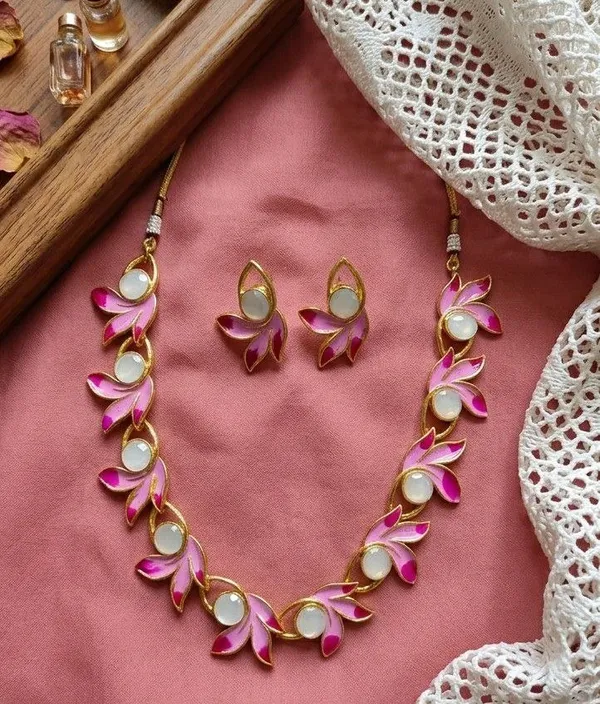 Pink_Gold_Tone_Floral_Necklace_And_Earrings_Set_for_Women