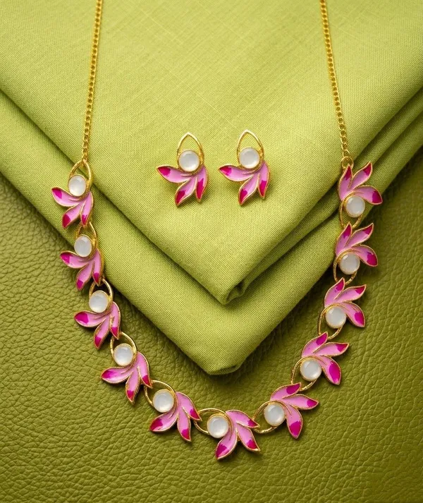 Pink_Gold_Tone_Floral_Necklace_And_Earrings_Set_for_Women