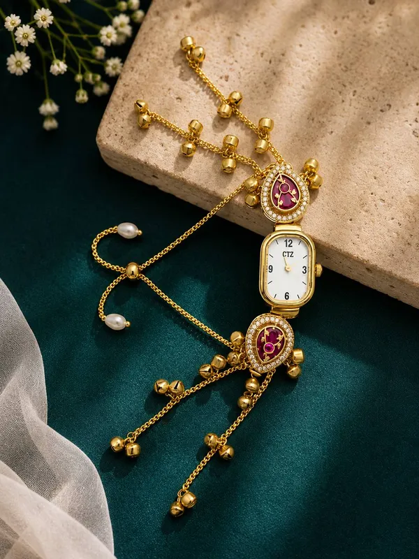 Gold-Plated_Kashmiri_Kundan_Bracelet_Watch_for_Women_|_Traditional_Indian_Fusion_Bridal_Timepiece_with_Ghungroo_&_Pearl_Accents